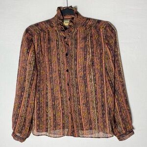Vintage Petite By Elite Semi Sheer Orange Black Yellow Striped Button Up Shirt M